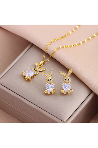 Choice 6097 white New 316L Stainless Steel Cute Zircon Rabbit Necklaces Earri...