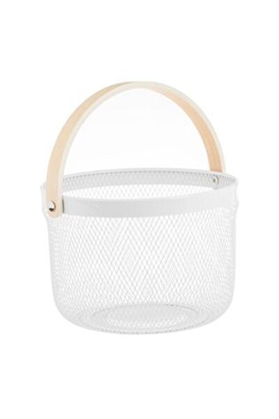 SHOPIENS Round Metal Basket Ecru with Wooden Handle Ø25 x 17.5 cm