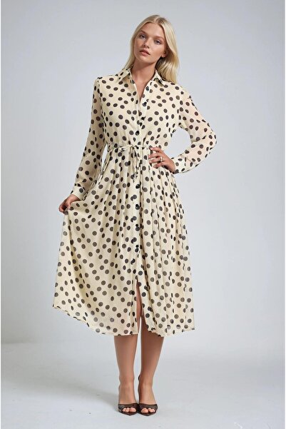 Lijuri Polka Dot Belted Buttoned Shirt Collar Midi Dress 2021