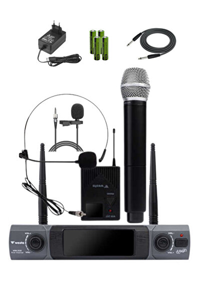 Westa WM-202HT Çift Telsiz Mikrofon Seti 1 El + 1 Yaka/Headset Kablosuz Mikrofon