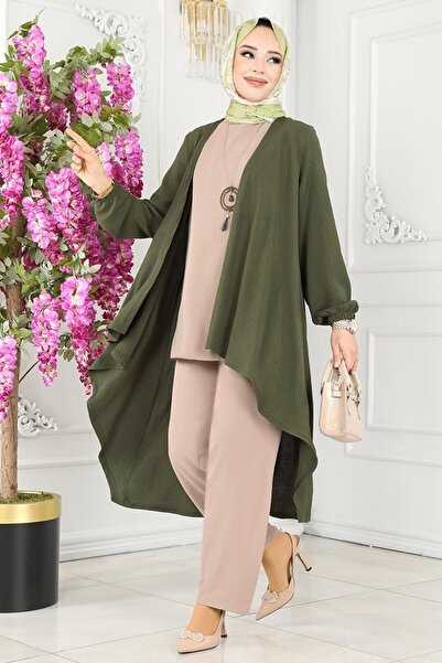 ModaMerve Kolyeli Üçlü Aerobin Takım PL8058-MS Haki&Vizyon