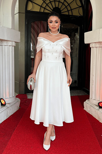 giyimmasalı Crepe Fabric Stone Detailed Midi Dress - White