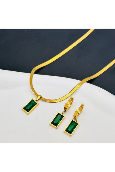 Choice Set IFYOUOO Stainless Steel Square Green Crystal Zircon Necklace Earri...