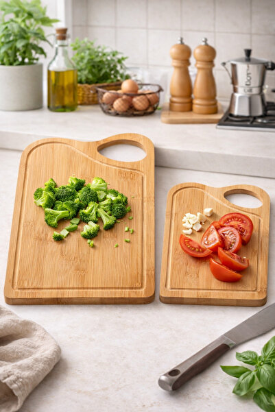 welcomein 2’li Bambu Kesim Panosu Seti %100 Doğal Bambu | Büyük 32x22 cm Küçü...