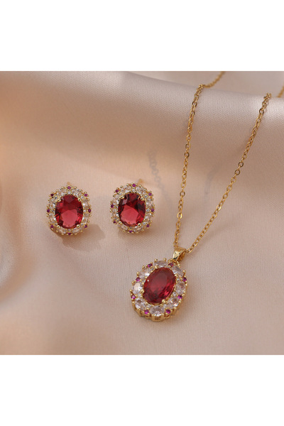 Choice أقراط مرصعة بحجر أحمر بيضاوي الشكل، وقلادات للترقوة للنساء، وسلاسل من ...