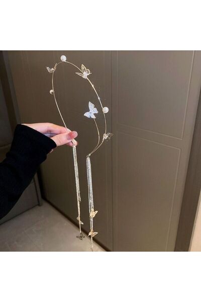 Choice طوق رأس مزين بشرابة على شكل فراشة ولؤلؤ للنساء، مرصع بأحجار الراين الك...