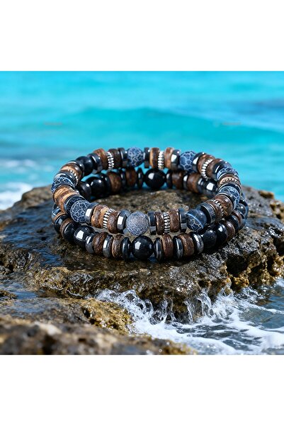 Choice طقم أساور من الخرز المصنوع من الأحجار الطبيعية للرجال، قطعتان، تصميم ك...