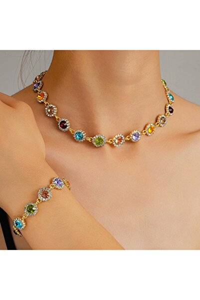 Choice Gold Korean Colorful Crystal Choker Necklace Bracelet for Women Sparkl...