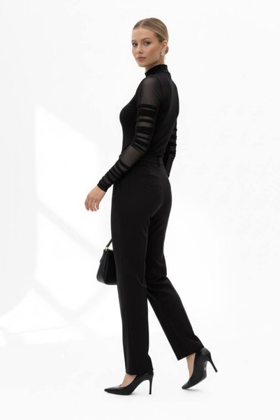 DIANNA Women's High Neck Ribbed Blouse with Tulle Detail on the Sleeves