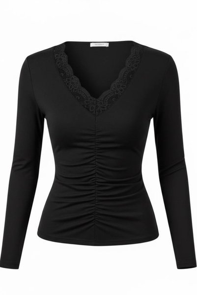 DIANNA Women's V-Neck Lace Front Gathered Blouse