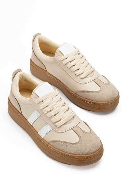 RİSSOLİ Women's Sneaker Lace-Up Flat Thick Sole Sports Shoes Beige