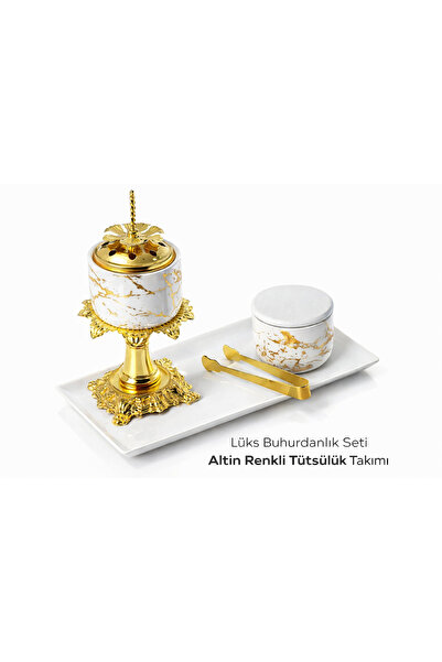Layansaa Lüks Gold Detaylı Mermer Desenli Buhurdanlık Seti | Altın Renk Ayakl...