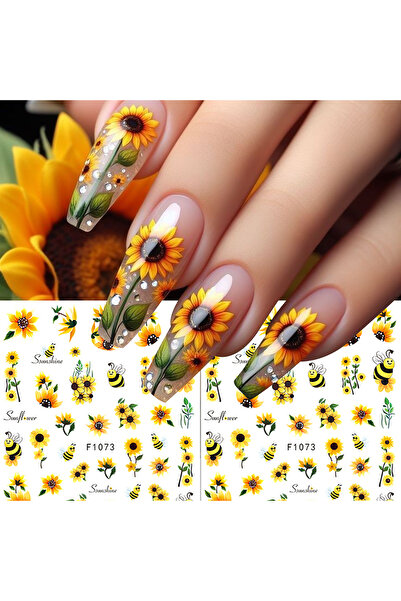 Choice ملصقات أظافر برتقالية اللون بتصميم زهرة عباد الشمس والنحلة، مناسبة لفص...