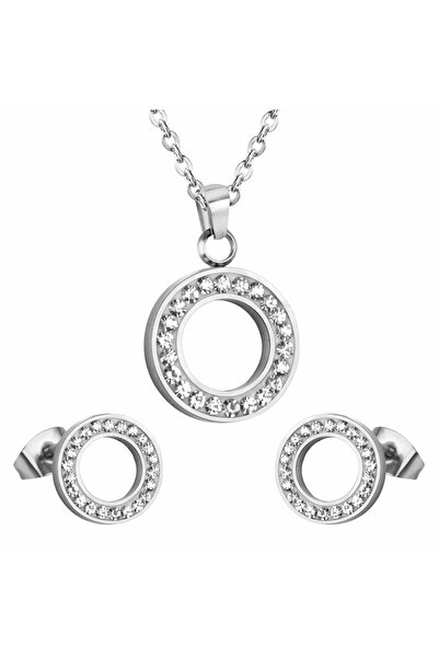 Choice طقم لوكستيل فضي اللون من الفولاذ المقاوم للصدأ، مزين بقلادة وأقراط دائ...