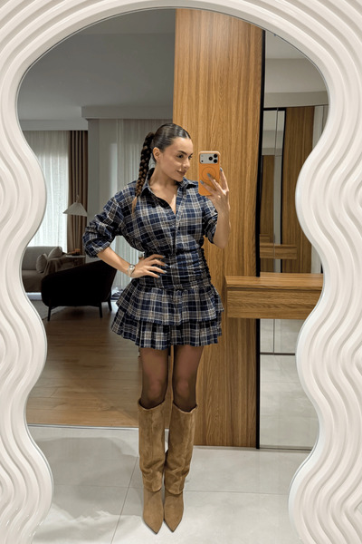 Gizem Ecemiş Shake Lacivert Ekose Fırfır Etekli Takım