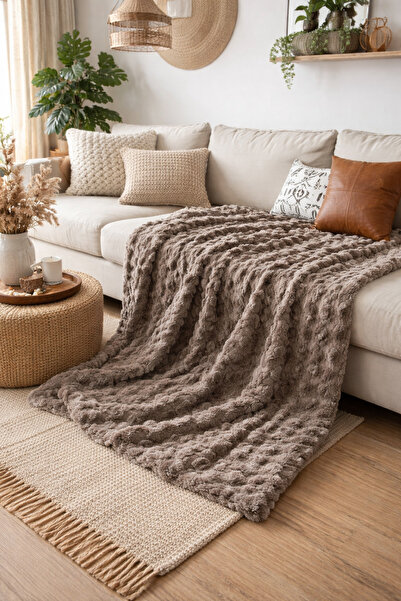 YÜNTEKS Sarar Bubble Rabbit Fur Sofa Cover, Sofa Shawl, Blanket 175*215, .Coffee