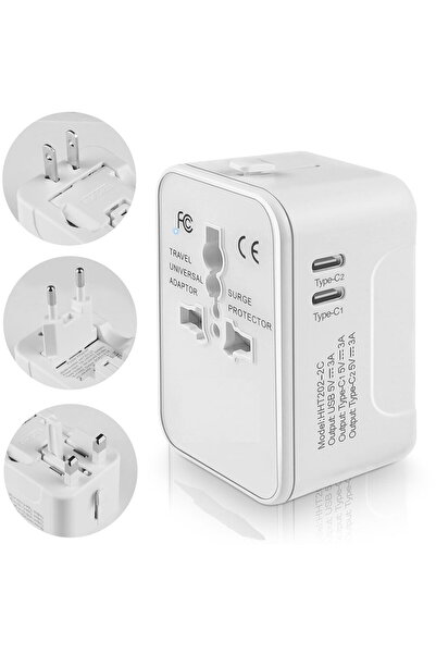 Techsuit Adaptor pentru Priza 2 x USB-C, EU, UK, AUS, US - (HHT202-2C) - White
