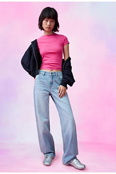 Bershka Simli yüksek bel straight fit geniş paça jean