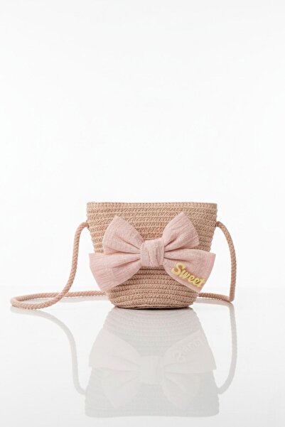 Clariss Mojo Kız Çocuk Fiyonk Detaylı Rattan Kumaş Örgülü Hasır Çanta Pembe