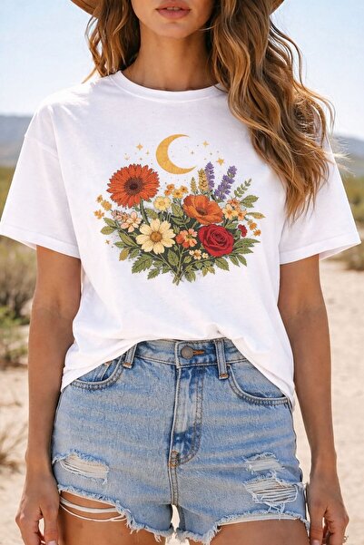 BW Bravely Wear تيشيرت نسائي أساسي برقبة دائرية مطبوع عليه الورد والبابونج