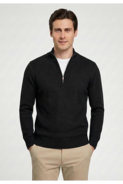 Felix Hardy Men's Goose Feet Patterned Knitwear Half-Zip Sweater - Black