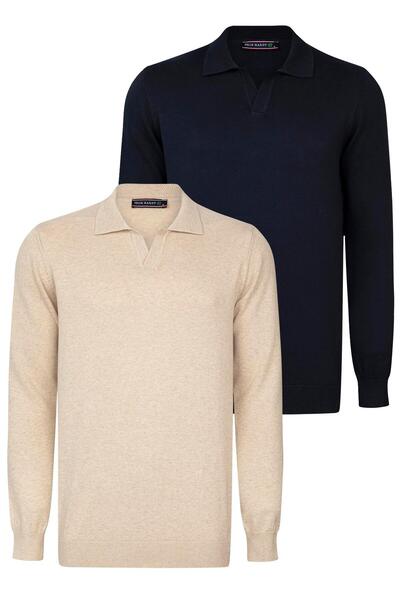 Felix Hardy 2-Pack Polo Collar Buttonless Sweater - Beige-Navy Blue
