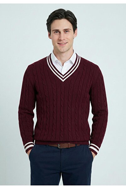 Felix Hardy V-Neck Hair Knit Patterned Sweater with Line Detail - Burgundy