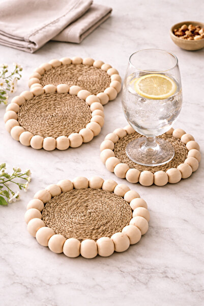 ecrella 6’lı Hasır Bardak Altlığı | Ahşap Boncuk Detaylı | Doğal Hasır Ahşap ...
