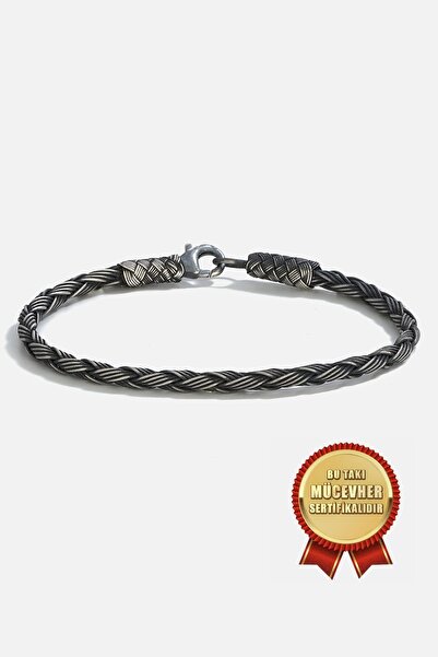 MEKS JEWELS 925 Ayar Gümüş Kazaz El İşi Siyah Oksitli Üçlü Örgü Erkek Bileklik
