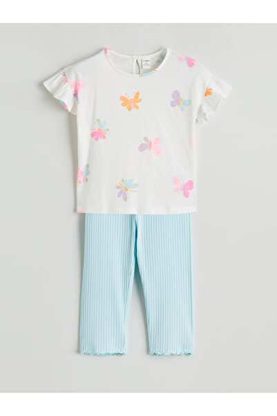 LC Waikiki طقم بلوزة وبنطال ضيق من الجيرسيه بنقشة الفراشات للبنات