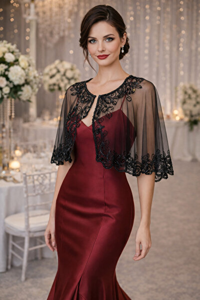 CROCUS DESIGN Tasarım siyah boncuk işlemeli abiye omuz pelerini