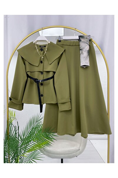 YEDİLALE Shirt Collar Belted Jacket Flared Skirt Two-Piece Set [Excluding Shawl]
