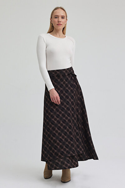 VAVİNOR Ekoseli Kapaklı Etek - Kahve