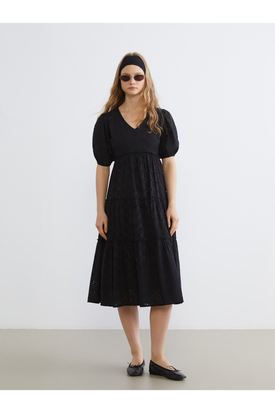 LC Waikiki V-Neck Openwork Balloon Sleeve Dress