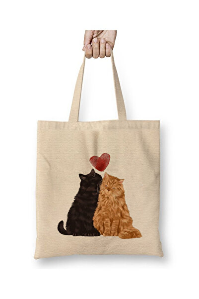 Toyaso Dear Cats Love Cat Heart Λευκή υφασμάτινη τσάντα με μακριά λαβή Τσάντα...