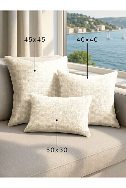 Demor Home Keten Dokulu Krem Rengi Kırlent Yastık Kılıfı