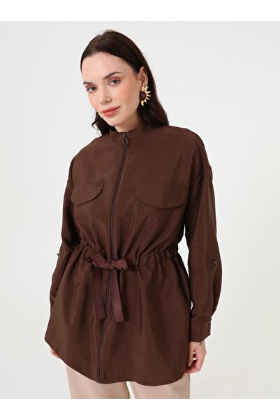 Refka Waist-Cinched Zippered Tunic - Brown -