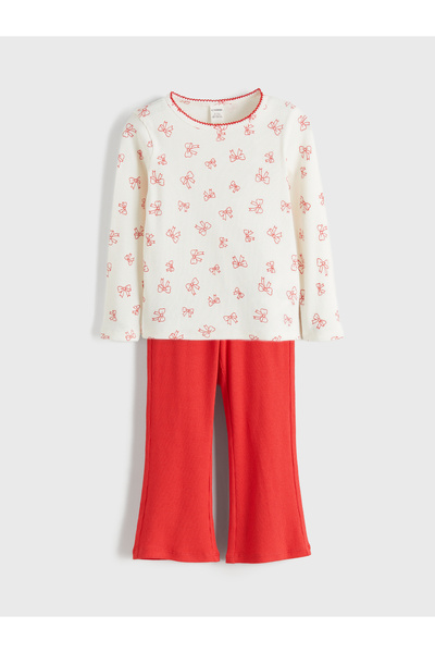 LC Waikiki طقم تيشيرت وبنطال ضيق مطبوع عليه شريط للبنات