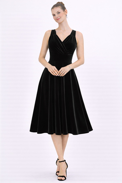 RURIS Kadın Siyah Kadife Kruvaze Yaka Kloş Midi Boy Abiye Mezuniyet ve Davet ...