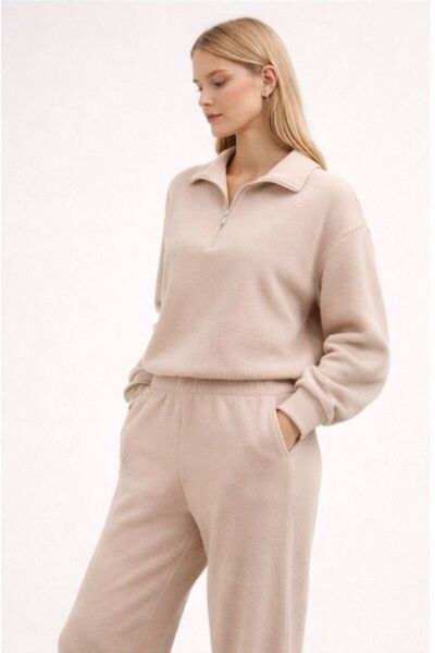 trendgar Beige Thick Fleece Half Zipper High Collar Jogger Top and Bottom Set