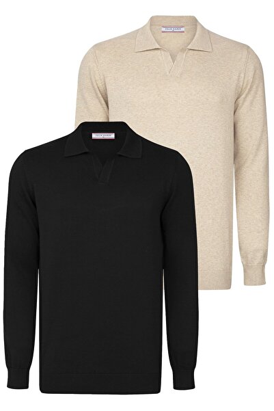 Felix Hardy 2-Pack Polo Collar Buttonless Sweater - Beige-Black