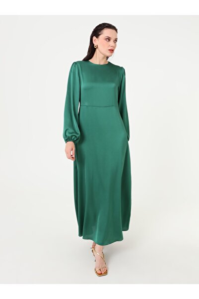 Refka Crew Neck Balloon Sleeve Satin Hijab Dress - Dark Green -