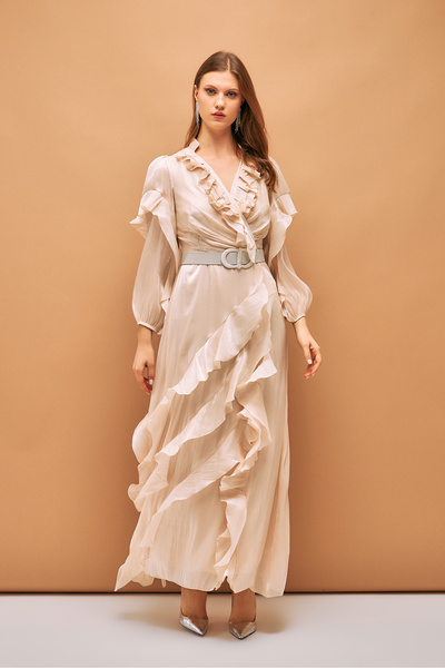 İnce Fırfır ve Kemer detaylı Uzun Şifon Abiye Elbise