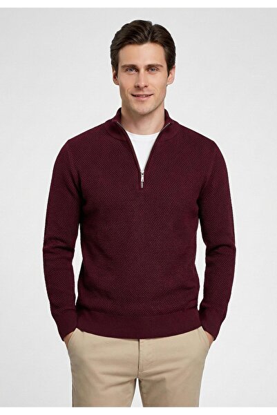 Felix Hardy Men's Goose Feet Patterned Knitwear Half-Zip Sweater - Claret Red