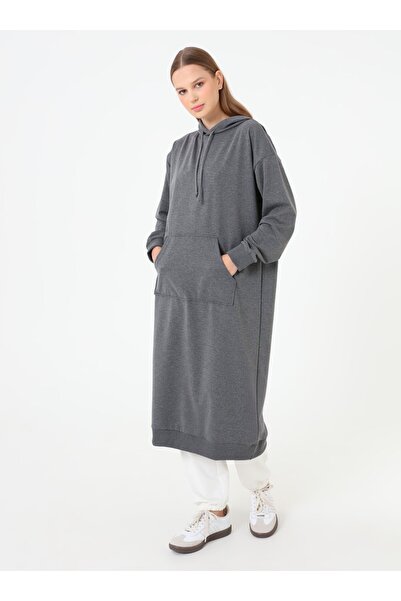 Benin Kangaroo Pocket Hooded Long Sweatshirt - Gray Melange -