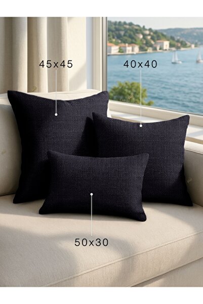 Demor Home Keten Dokulu Gece Siyahı Kırlent Yastık Kılıfı