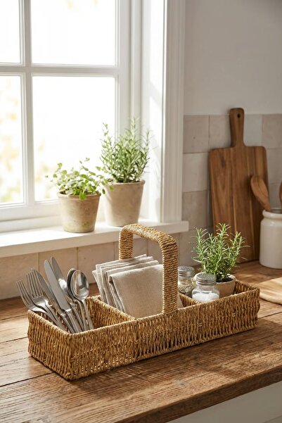 Buffer ®   منظم بلاستيكي من الروطان مكون من 3 أقسام - منظم سطح المكتب بمقبض، ...