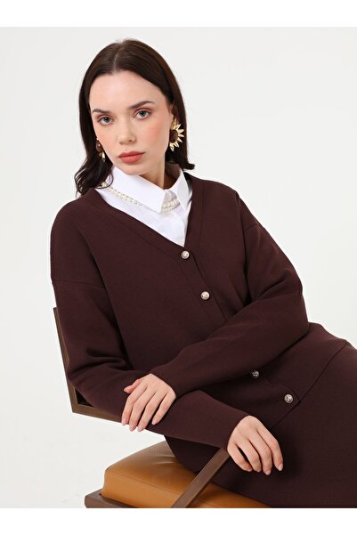 Refka Button Detailed Premium Cardigan & Skirt Knitwear Set - Brown -
