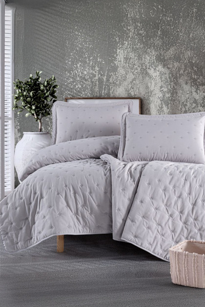 Clasy Aspendos Gray Single Microfiber Embroidered Bedspread Set