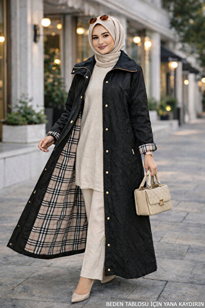 ayşe akay Kadın Uzun Tesettür Kap Krinkıl Kumaş Siyah - (Yaka Çıtçıtlı Fermua...